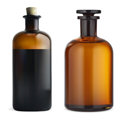 Vintage medicine apothecary bottle. Old amber container with cork stopper. Pharmaceutical chemistry laboratory jar, chemical poison storage. Elegant antique vessel design