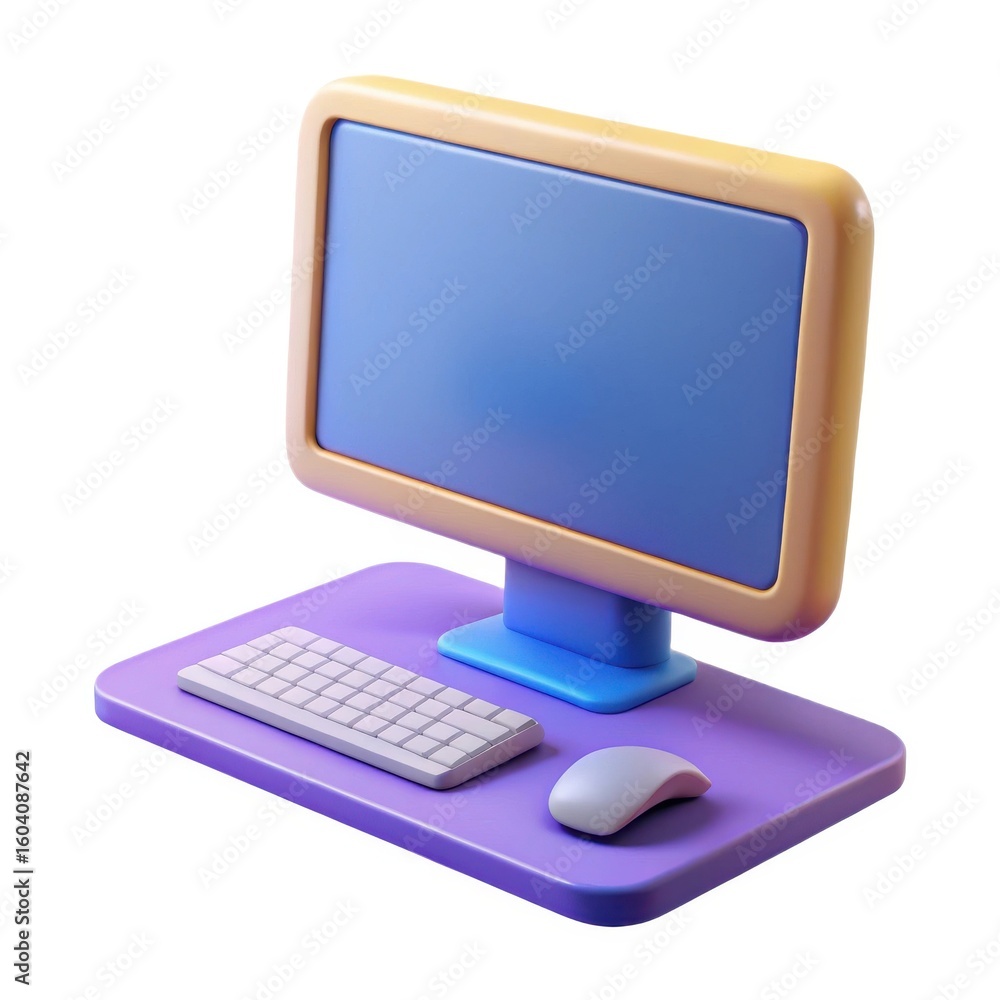 Fototapete 3d render of a computer monitor keyboard and mouse isolated on white background