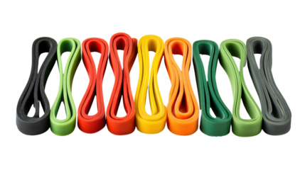 Colorful resistance bands arranged in a row on a white isolated background.