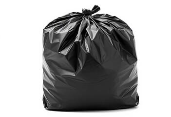 A single black plastic garbage bag, knotted at the top, sits isolated on a white background,  knotted bag,  contamination