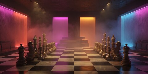 Chess pieces on checkered board dramatic lighting