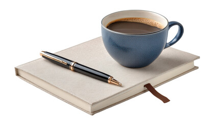 Cup of coffee on an open notebook with a pen, simple and elegant composition, perfect for relaxation.