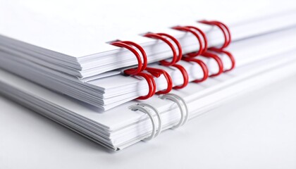 Stack of white documents with red and silver spiral binding