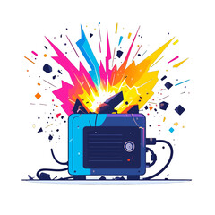 A cracked blue electronic box with wires exploding in a vibrant, colorful, graphic burst of shards.