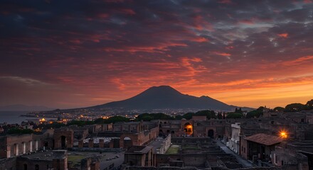 Fototapeta premium Pompeii Sunset: Vesuvius Volcano and Ancient Ruins