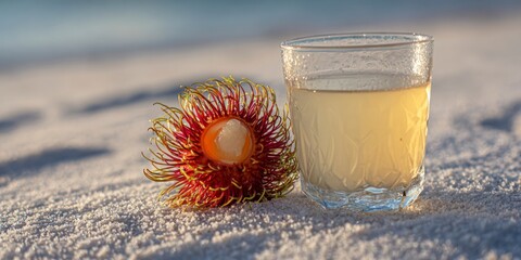 Rambutan fruit and drink on beach