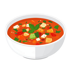 Hearty tomato vegetable soup with feta cheese and fresh basil in a white ceramic bowl.