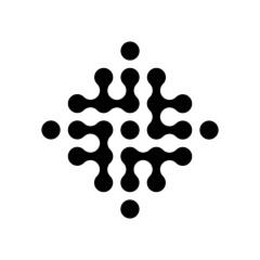 Abstract black metaball cross or star shape icon isolated on transparent background with copy space. Molecular Network Symbol in Black and White for Science, Innovation, Biotech and Digital Branding