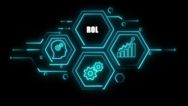 Abstract neon Hud knowledge ability business gear icon Glowing neon line concept. Glowing "ROL" button in German on a futuristic, abstract wave technology om black background.