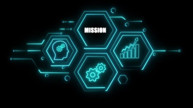 Abstract neon Hud knowledge ability business gear icon Glowing neon line concept. Glowing "MISSION" button in German on a futuristic, abstract wave technology om black background.