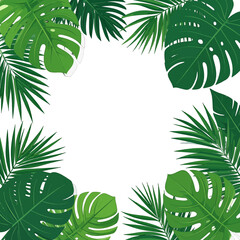 Vector composition of green Monstera and palm leaves creating a vibrant tropical frame.
