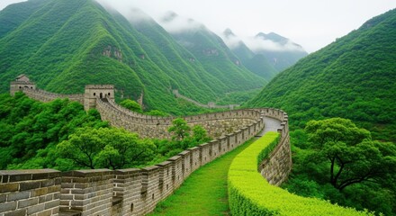 The great wall of china winds through lush green mountains shrouded in mist, showcasing its ancient grandeur and historical significance