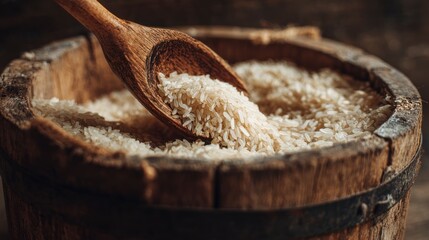 Wooden spoon scooping rice from barrel