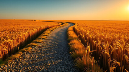 Winding Road Through Wheat Field: A serene scene unfolds as a gravel road meanders through a vast field of golden wheat, leading towards a brilliant sunrise and open horizon.