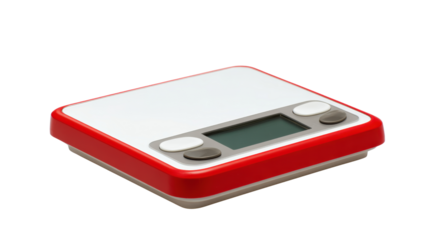 Digital kitchen scale with a red frame, perfect for measuring ingredients on a white isolated background.