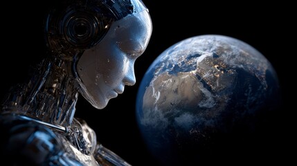 Robotic figure contemplating earth
