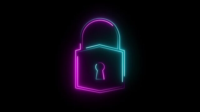 A neon lock icon glows vividly, pulses with light, and animates with a smooth locking motion, symbolizing security with a sleek, futuristic, and visually engaging effect.
