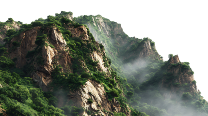 Lush green mountains rise steeply shrouded in mist isolated on transparent background