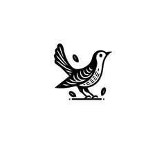 Fototapeta premium A stylized black and white illustration of a bird standing on the ground with leaves around it