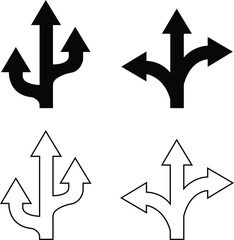 Road Traffic Direction arrow icon set.Direction arrows on the highway.Road navigation arrows. Path direction arrows.You-turn, left, right, two way, three way transportation direction arrow symbol.