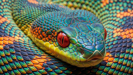 Obraz premium Vibrant Snake Portrait: Close-Up of Colorful Scales and Red Eyes