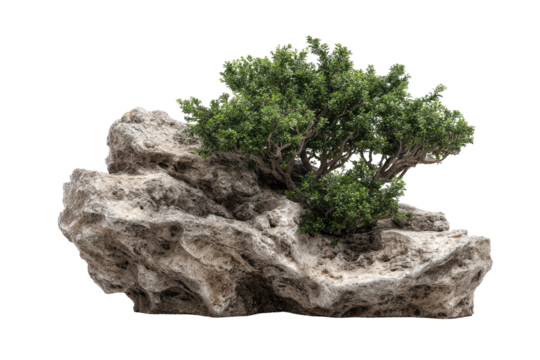 Light gray rock formation, small green tree