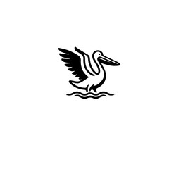 Fototapeta premium A simple black and white illustration of a pelican with its wings spread on water surface design