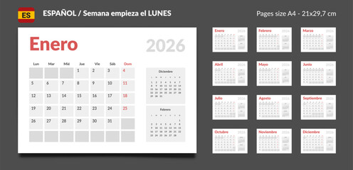 2026 Spanish language Set of Monthly pages Calendar Planner Templates. Vector layout of a wall or desk simple calendar with week start Monday in grey and red color for print. Pages size A4 21x29.7cm