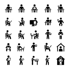 Minimal Vector Poses of People Working from Home – Laptop, Coffee, Sitting, Standing – Line Art Style for Remote Work Infographics, Digital Marketing, and Freelancer Presentations