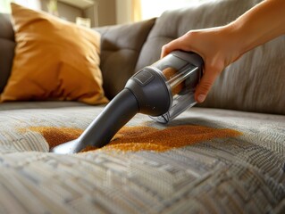 A close-up of a hand using a HEPA filter vacuum cleaner with a brush attachment to deep clean a textured fabric sofa. This highlights home maintenance, hygiene, and the removal of dust and allergens f