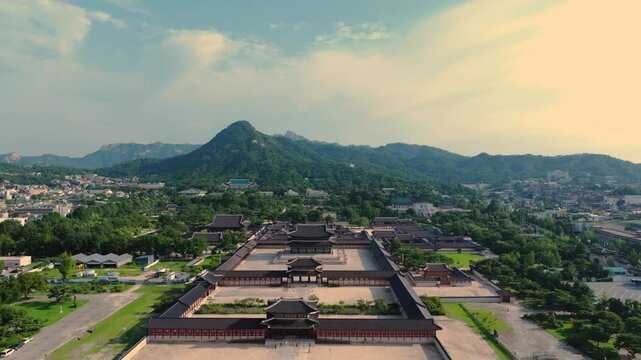 Aerial View downtown Gwanghwamun Gate, Gyeongbokgung Palace seoul seen from the sky