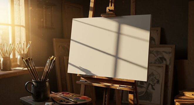 Creative art studio with an easel and blank canvas bathed in warm morning sunlight.