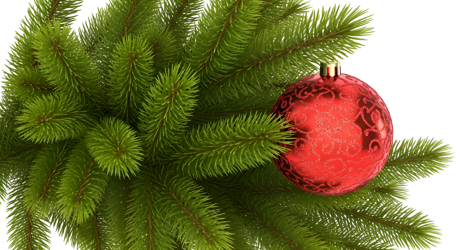 Create Festive Ornaments: Red Bauble on Green Pine Branch with Transparent Background