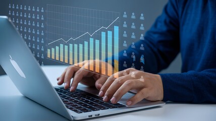 Person typing on laptop with overlaid chart and user icons showing data analysis and growth trend