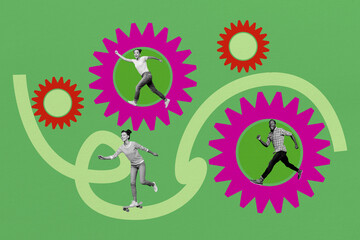 Art sketch 3d image full collage of happy businessman businesswoman run gearwheel optimization...