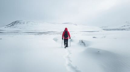 Solo hiker trekking snowy mountain path, winter landscape, serene mood, red jacket.
