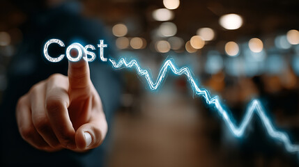 Cost Reduction and Financial Analysis: An image of a person's finger pointing towards the word Cost with a downward trending graph in a business environment.