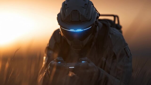 Futuristic soldier controls drone at sunset while kneeling in dry grass with blue visor glowing and intense focus