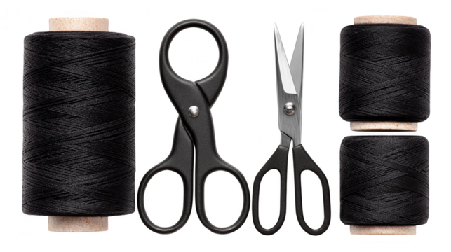 Essential sewing kit, scissors, thread spool, and empty spool for crafting mending.