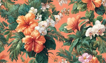 Floral print, coral & white blooms, lush leaves