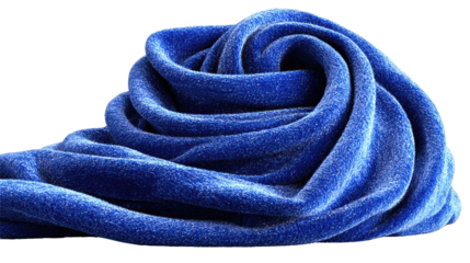Elegant Fabric: A close-up shot captures the luxurious texture and swirling form of a soft, deep blue fabric, highlighting the interplay of light and shadow to accentuate the tactile qualities.