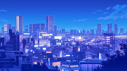 Fototapeta premium 深夜の静けさに包まれた高層ビルの街並みをアニメ調で描いた都市風景｜ネオン光｜夜のビル街｜昭和ノスタルジー｜80年代風景｜シティポップテイスト｜レトロアニメ背景素材に最適