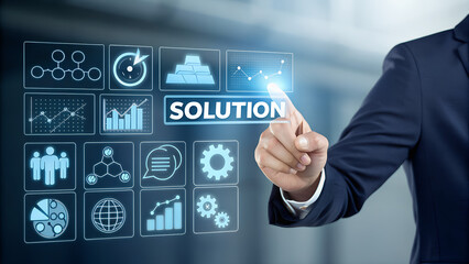 Man pointing at a solution button on a digital interface with various business related icons around it