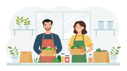 Zero waste. Happy couple in aprons holding grocery boxes in a bright kitchen with plants.