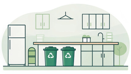 Zero waste. Minimalist kitchen design featuring recycling bins and eco-friendly elements.