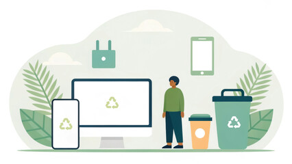 Zero waste. A person stands among eco-friendly tech and recycling symbols in a green-themed digital landscape.