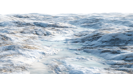 Icy terrain with a shallow stream meandering through snowdusted hills isolated on transparent background