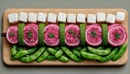 Food art skewer with pink rolls, green peas, and white cubes
