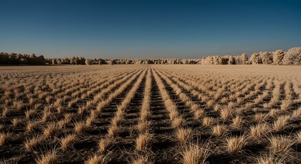 Infrared Landscape: Rows of Crops Leading to a Distant Forest Under a Clear Blue Sky
