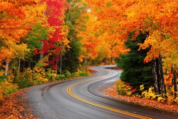Winding road through a vibrant autumn forest with colorful foliage, creating a serene, natural, and visually appealing scene perfect for travel themes, nature designs, and seasonal projects.